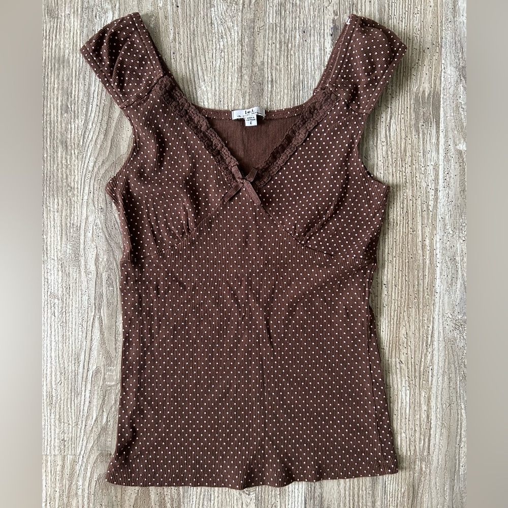 *SOLD!* Lei Y2K Brown & Pink Polka Dot Cap Sleeve Fairy Top